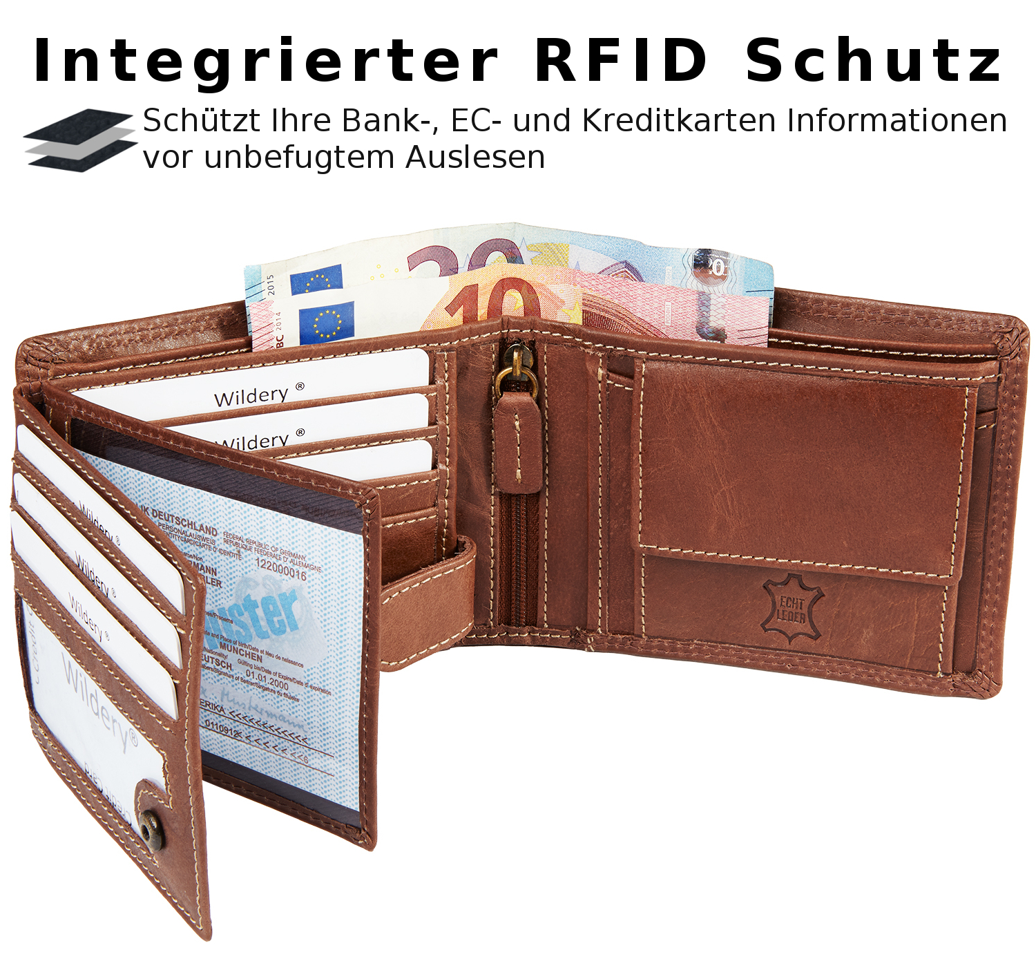 Wildery® Braunes Herren Portemonnaie aus Leder mit integrierten RFID-Schutz #WI107C