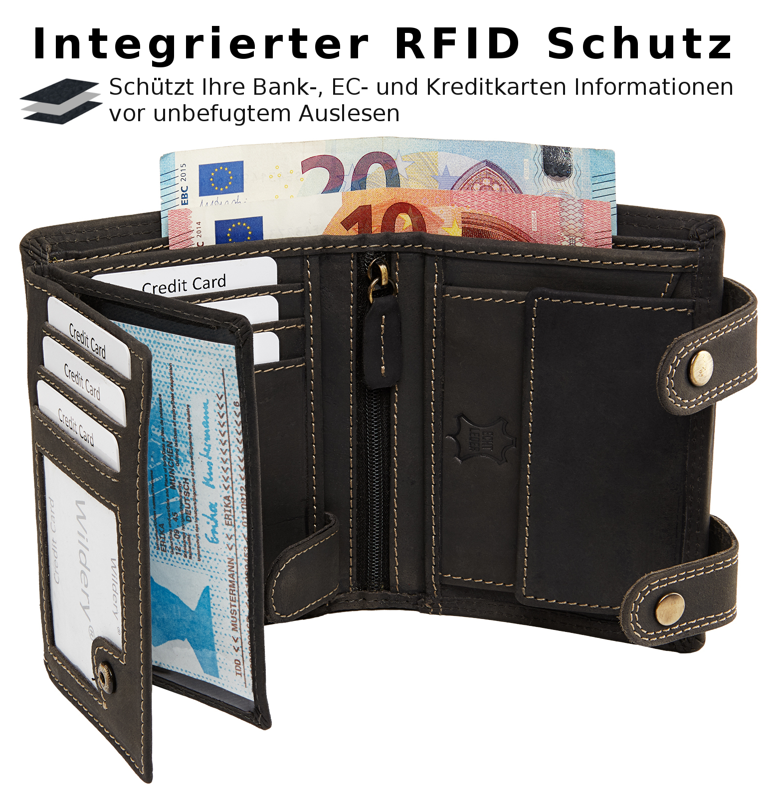 Herren Voll Leder Geldbörse mit RFID und NFC Schutz im Hochformat mit Vintage Leder und Sicherheitskette
