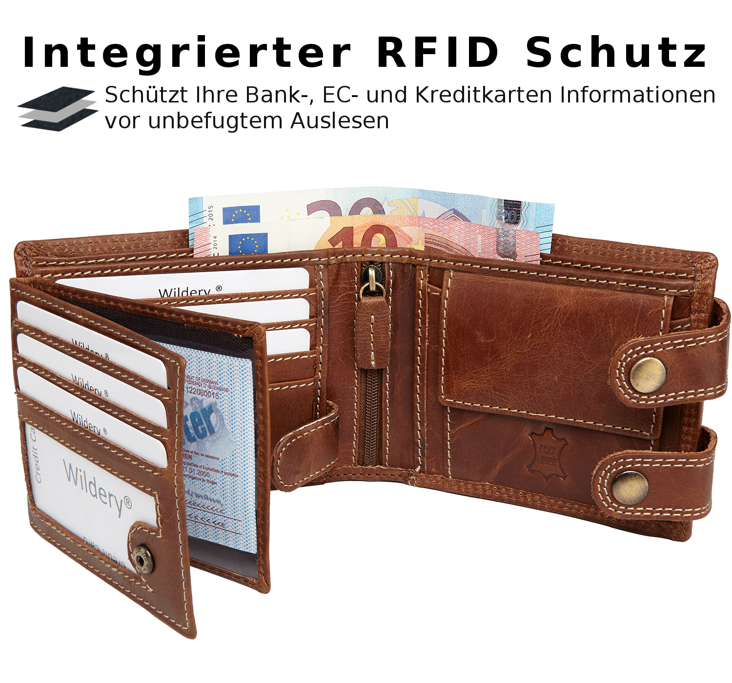 Herren Voll Leder Geldbörse mit RFID und NFC Schutz im Querformat mit Sicherheitskette